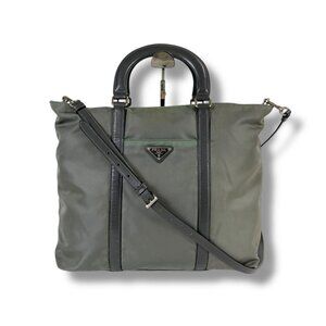 Prada 2-Way Tote Bag Tesuto Nylon Gray Khaki Triangle Logo